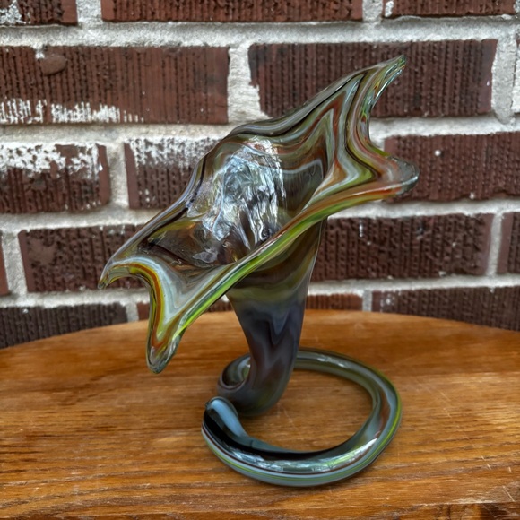 Vintage MCM Hand Blown Art Glass Tulip Trumpet Vase multicolor Swirl Coiled Base - Picture 3 of 8